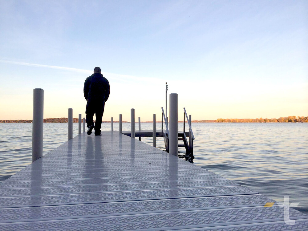 Trusscore DockDeck surface beside the California Delta waterfront at sunset