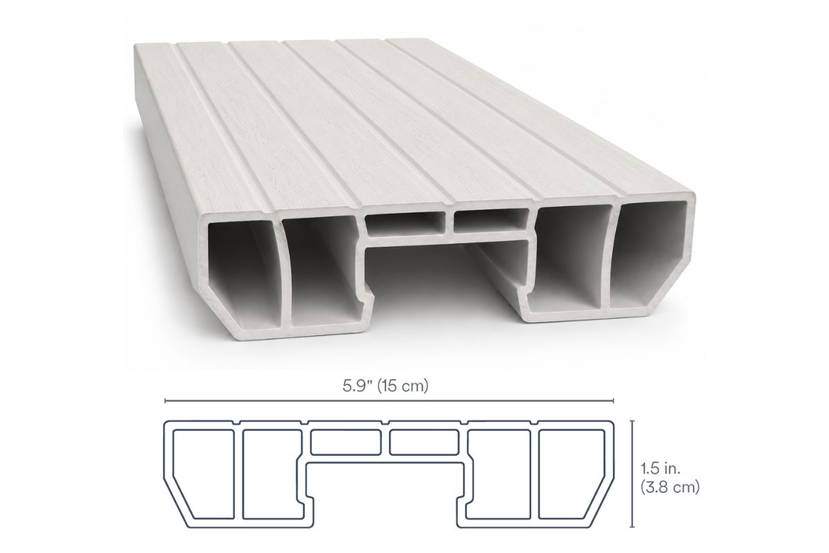 DockDeck open-cavity panel profile rendering with dimensions
