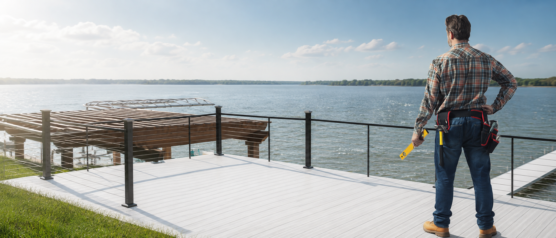 Installer reviewing a finished waterfront deck
